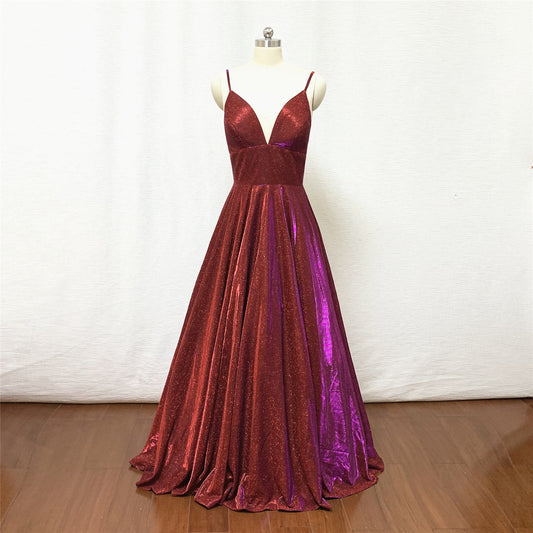 Glitter Burgundy Prom Dress 2021 Spaghetti Straps